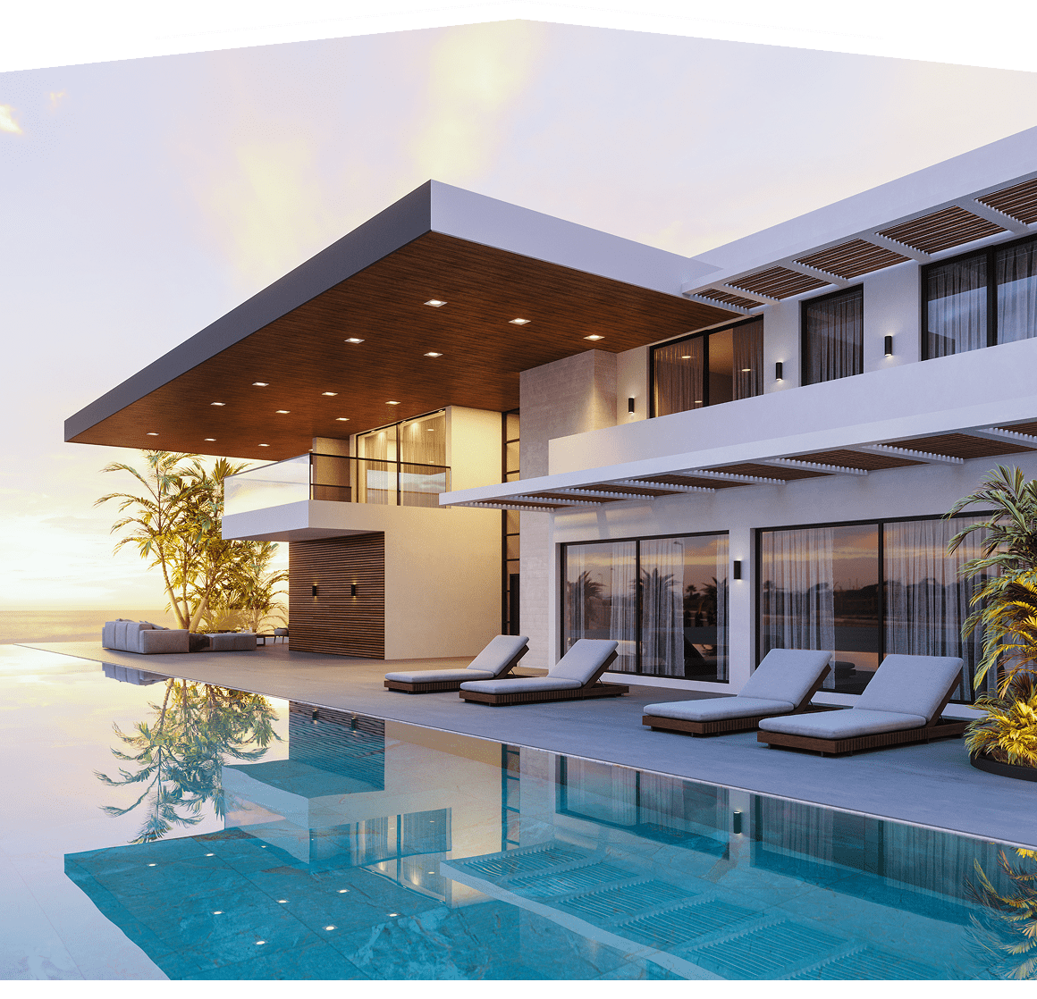 Elegant home exterior with patio chairs