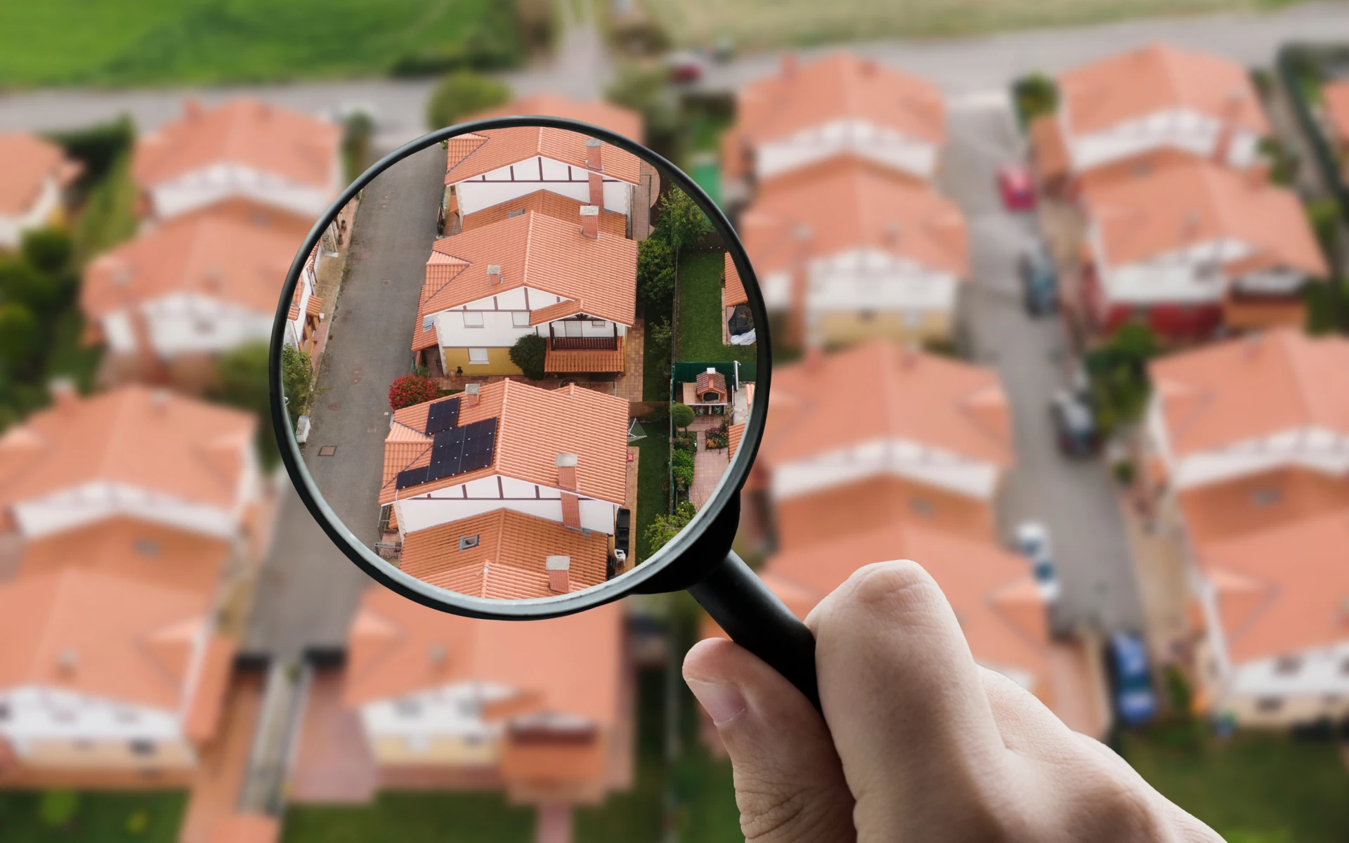 Zoomed view of red-roofed homes